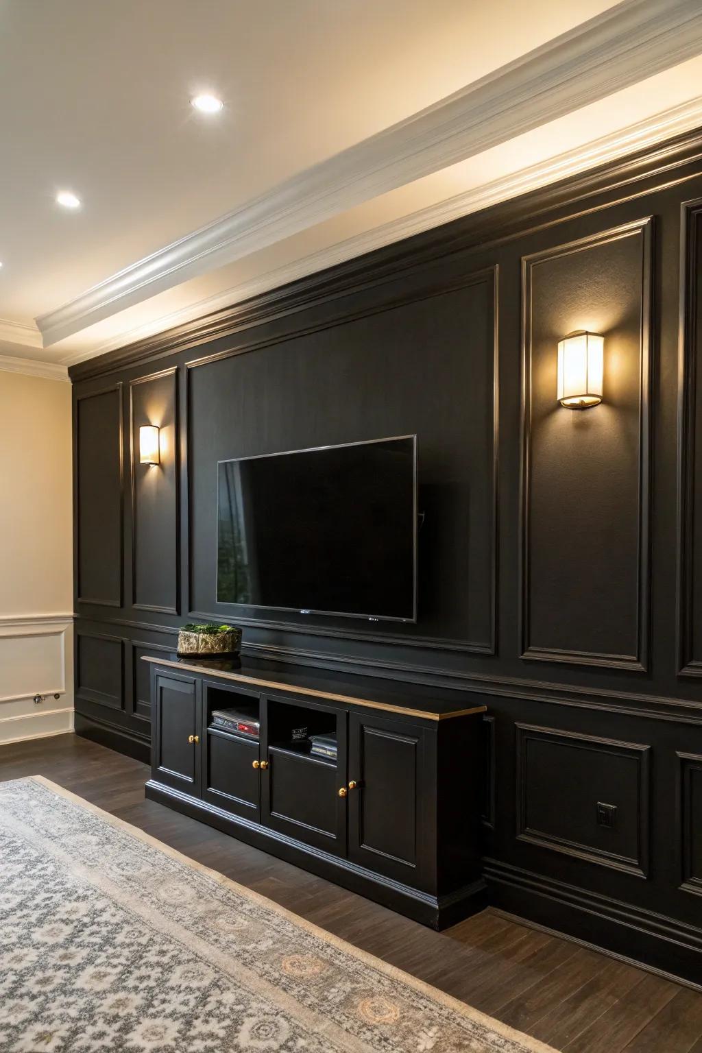 Emphasizing structural attributes composes a cohesive aesthetic using a dark accent wall.