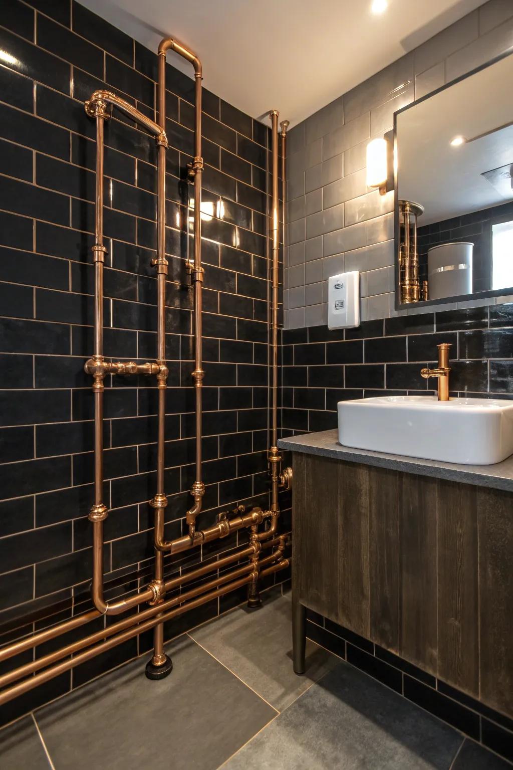 Exposed copper conduits incorporate an industrial edge to the bathroom.