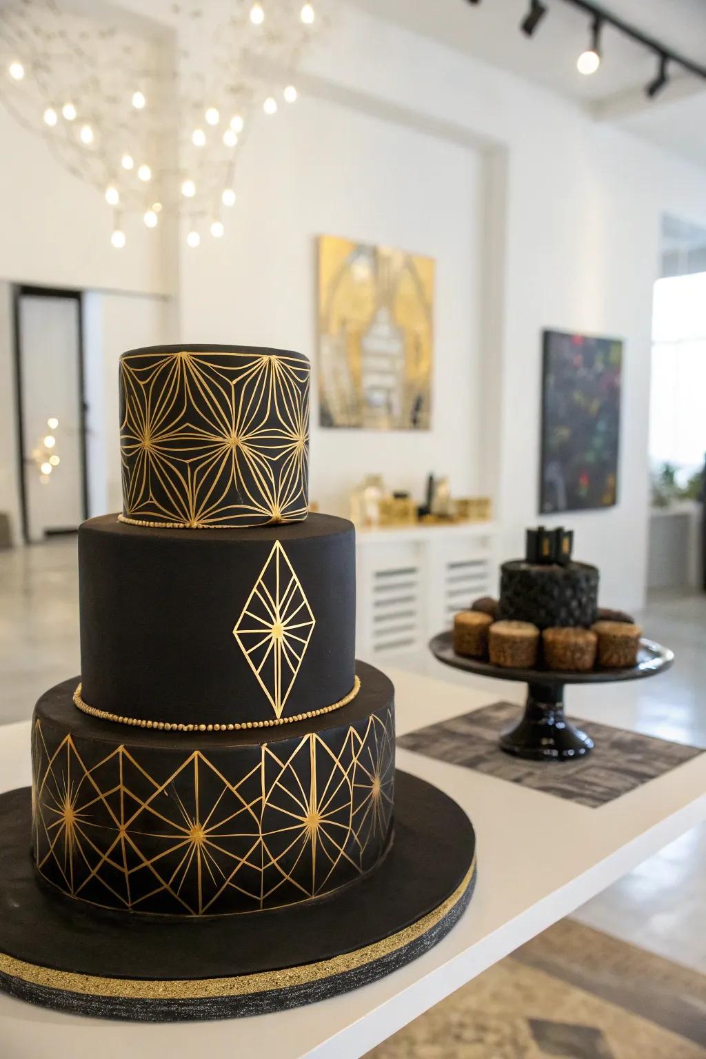 Angled gilded accents bring a modern edge to this wedding cake.