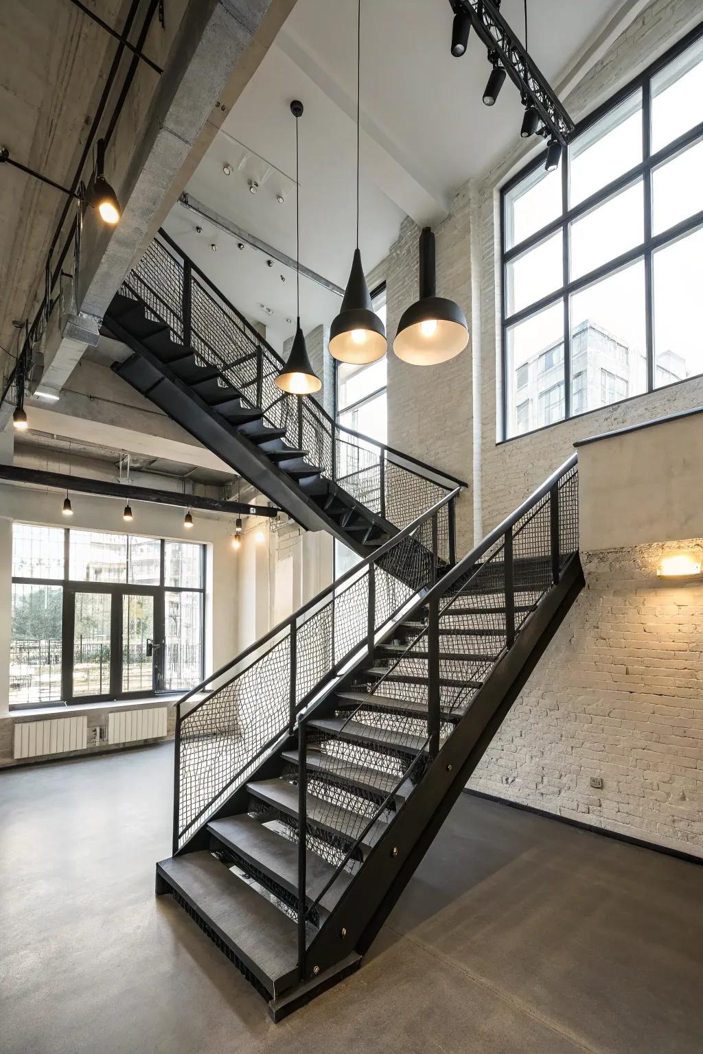 An industrial refinement staircase integrating noir and blanc with metal and cement.