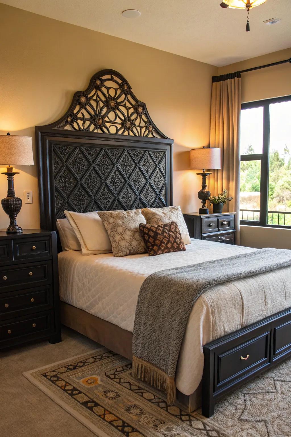 A distinctive headboard infuses artistic charm into this bedroom.