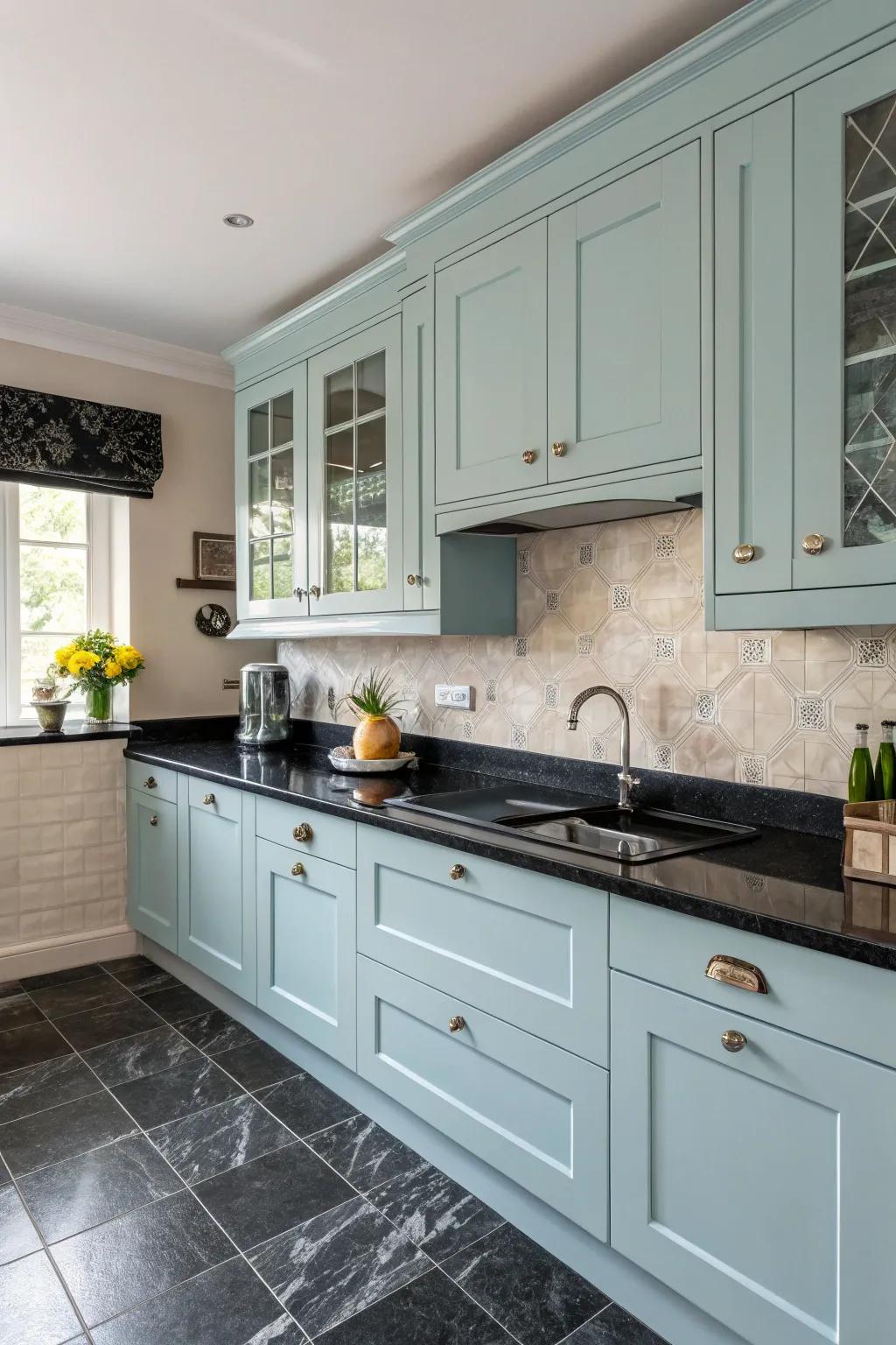 Pastel colors create a soothing effect against black countertops.