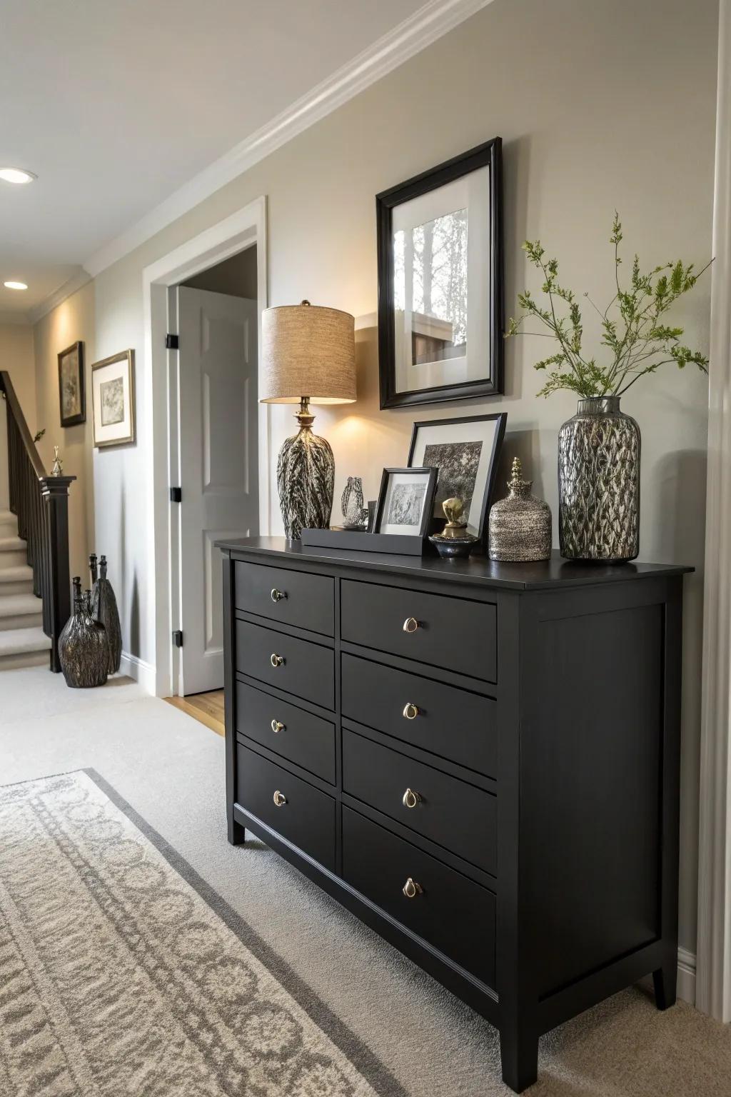 A dark wood dresser providing chic storage in an elegant hallway.