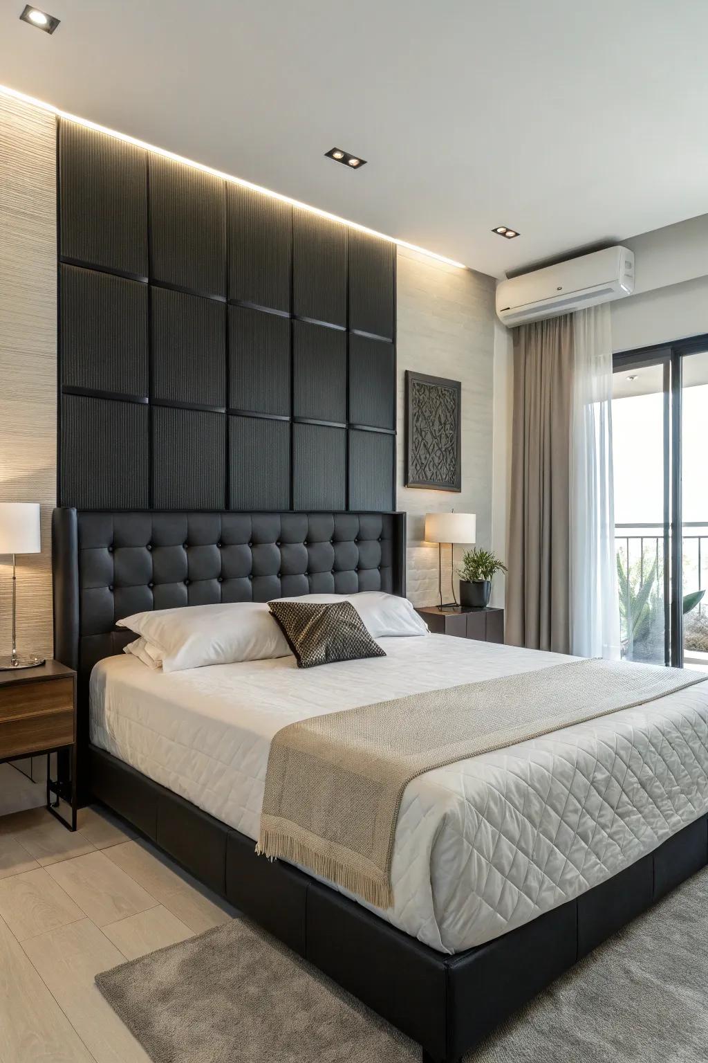 Minimalist bedroom featuring a striking dark-toned headboard