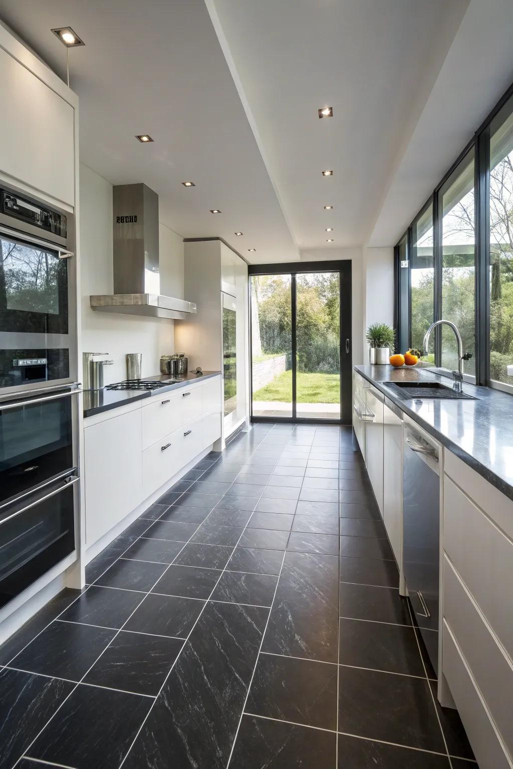 A kitchen showcasing the practicality and beauty of ebony porcelain floor tiles.