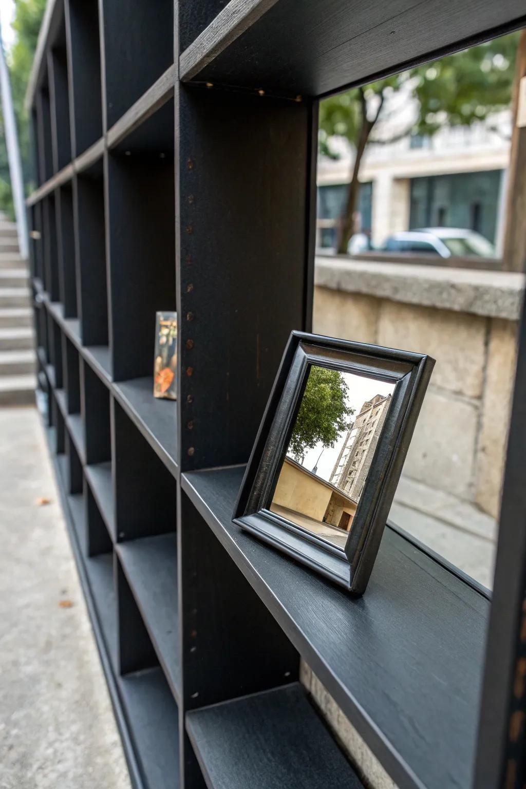 A mirror contributing dimension and space to a dark-colored shelf setup.