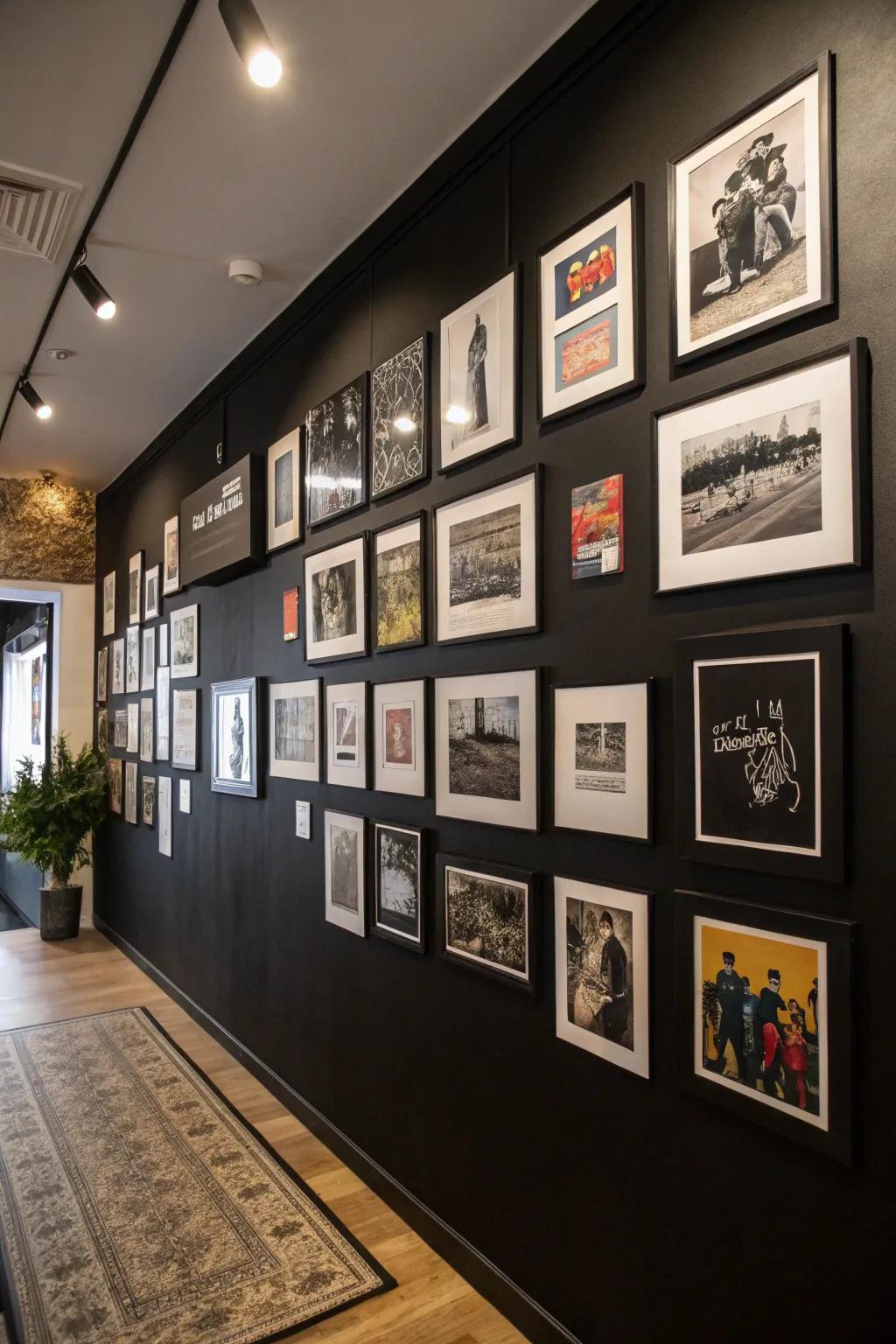 A gallery wall placed on a black foundation.
