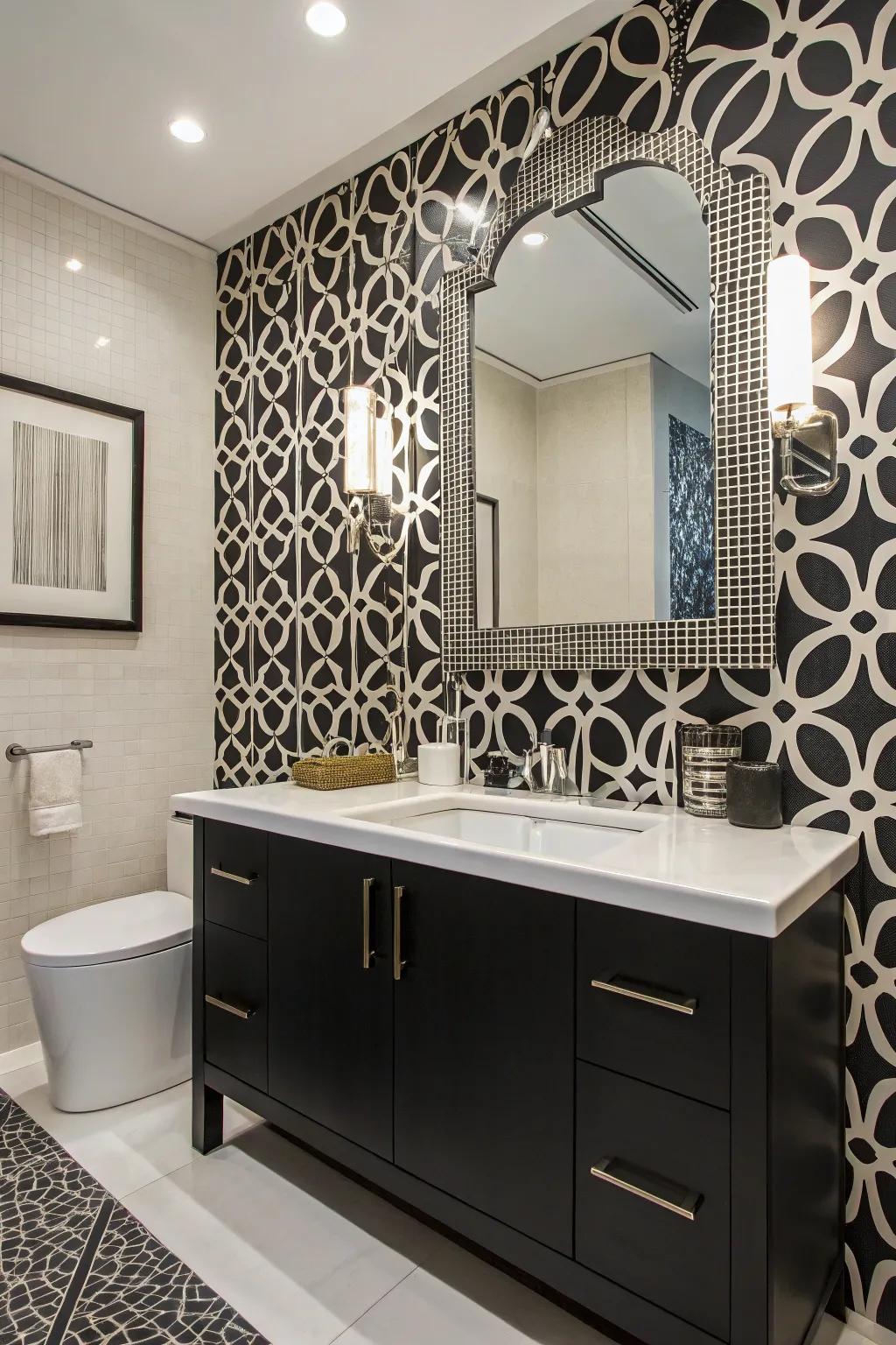 Black and white wallpaper introduces a retro charm to this bathroom.