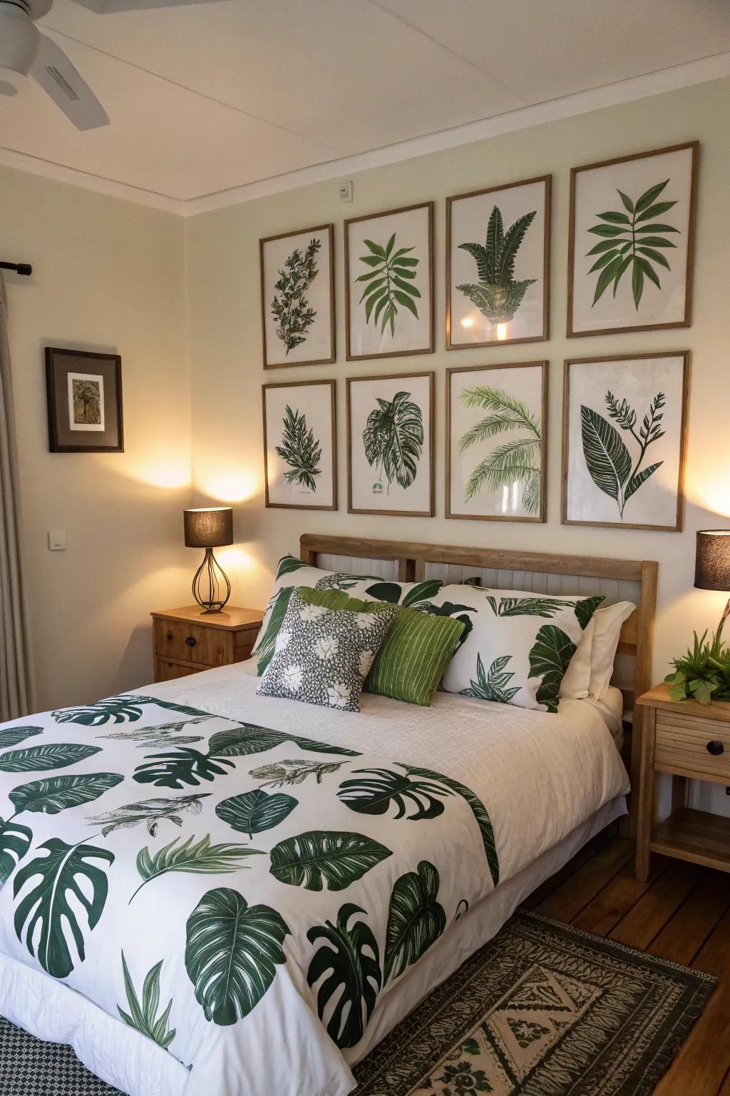Herbal prints enhancing the room's natural allure.