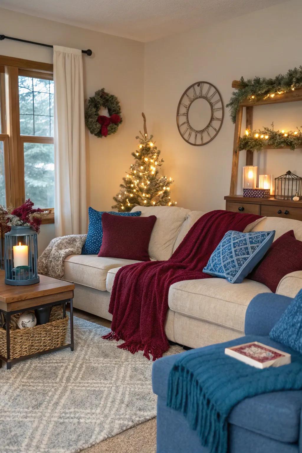Seasonal embellishments in azure and wine tones sustain your decor fresh and adaptable.