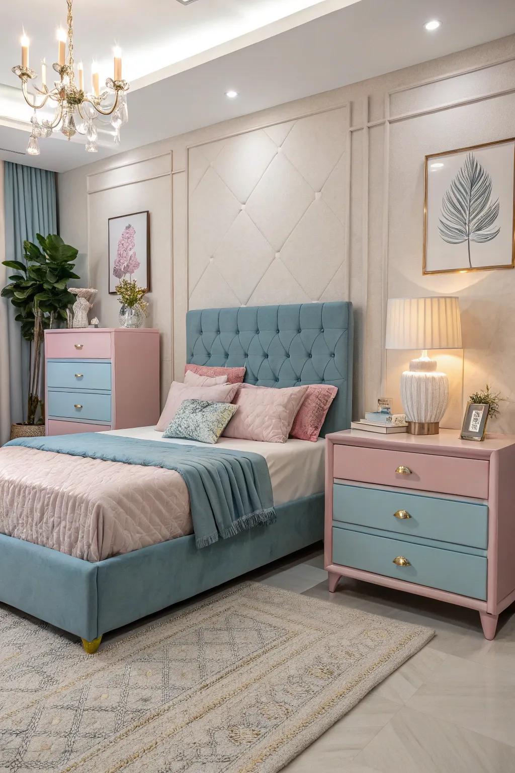 Dual-tone furniture stylishly mixes blue and pink hues.