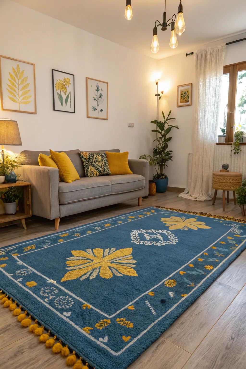 A proclamation floor covering in azure with gold highlights reinforcing the living area.
