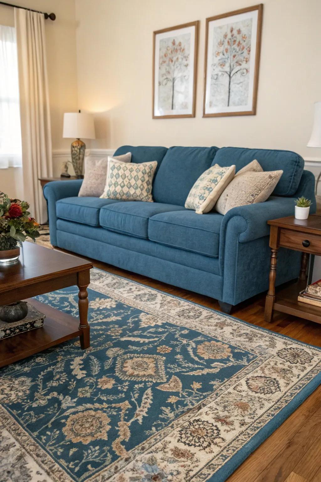 A coordinating floor covering adds warmth and unity to a sapphire settee setting.