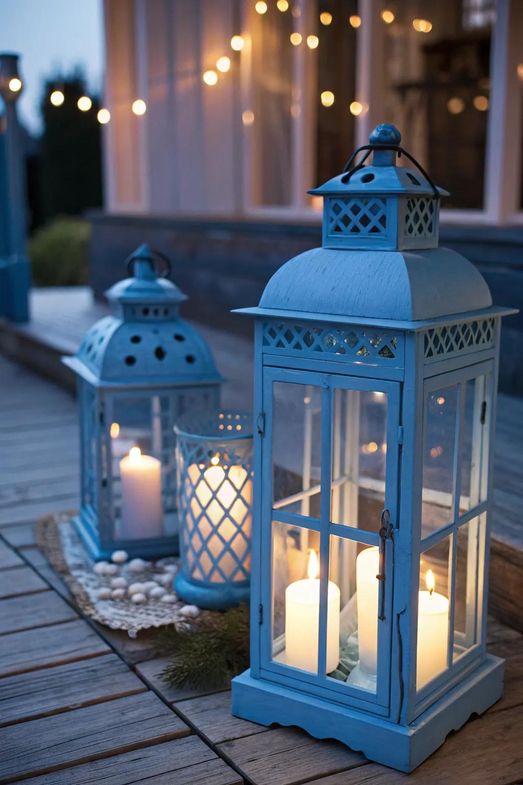 Azure lanterns lighting up a cozy fall setting.