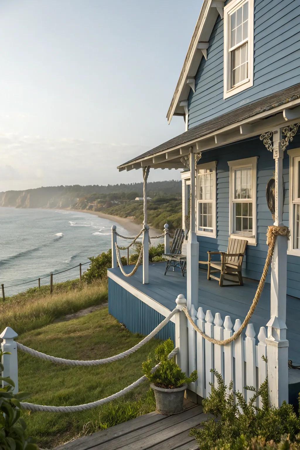 Rope accents evoke a seaside vibe to blue homes.