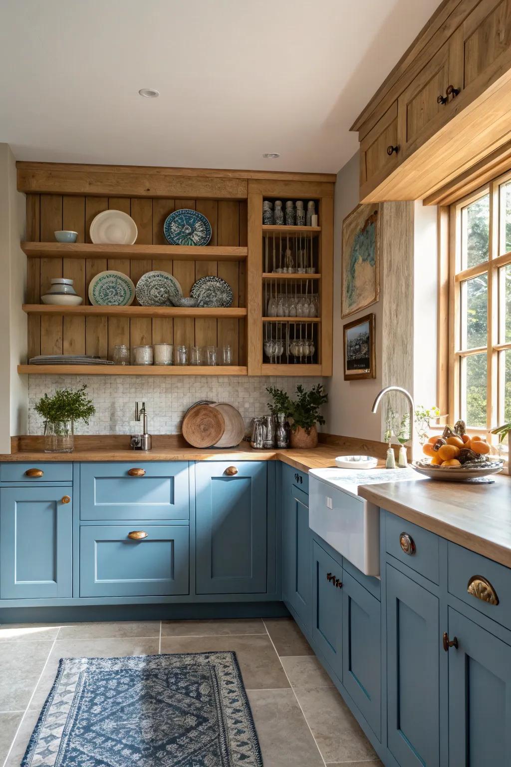 Azure cupboards paired with drifting shelving furnish both practicality and stylish exhibition zone.