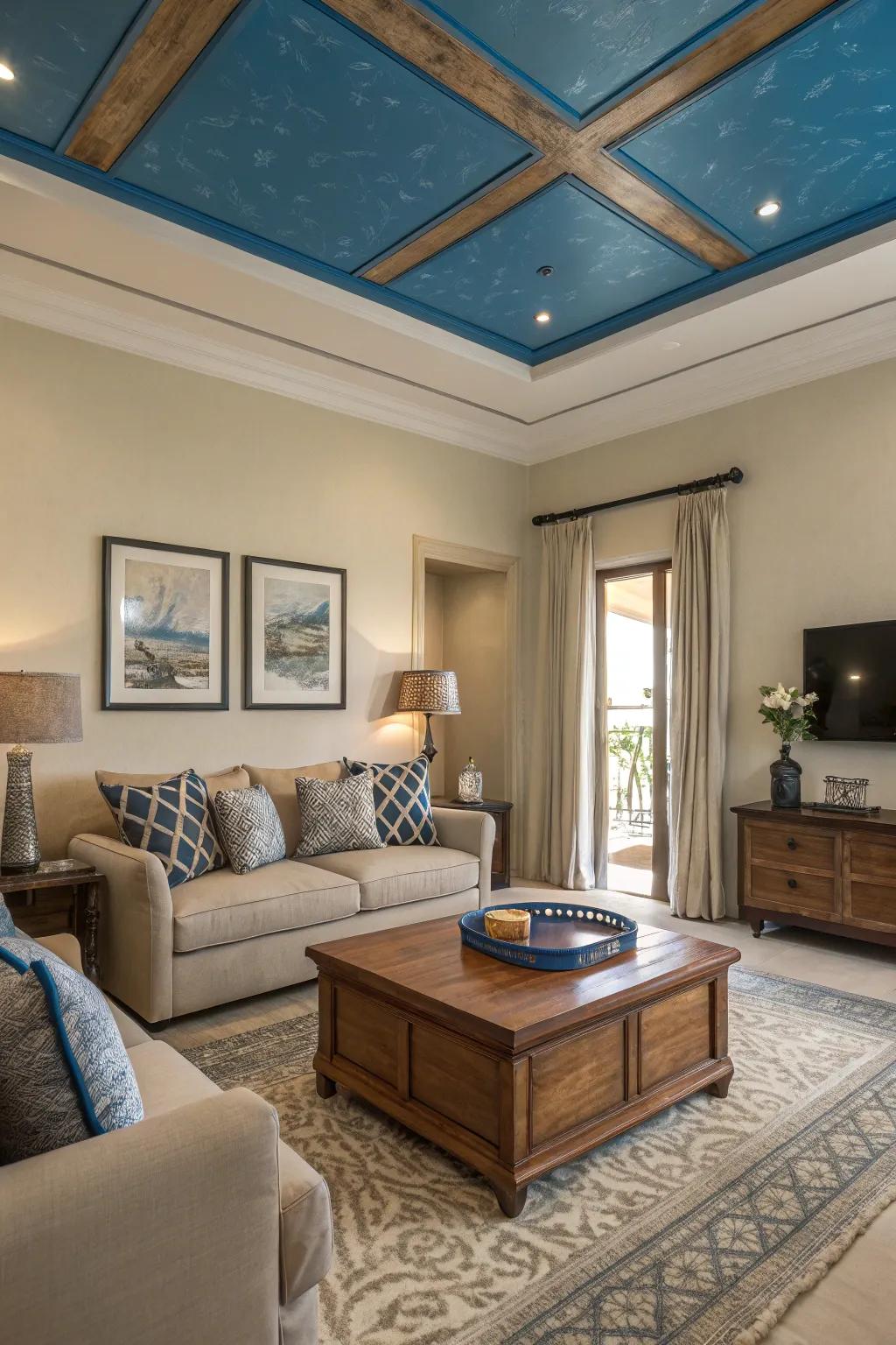 A blue ceiling lends an element of surprise and elegance to this contemporary living room.