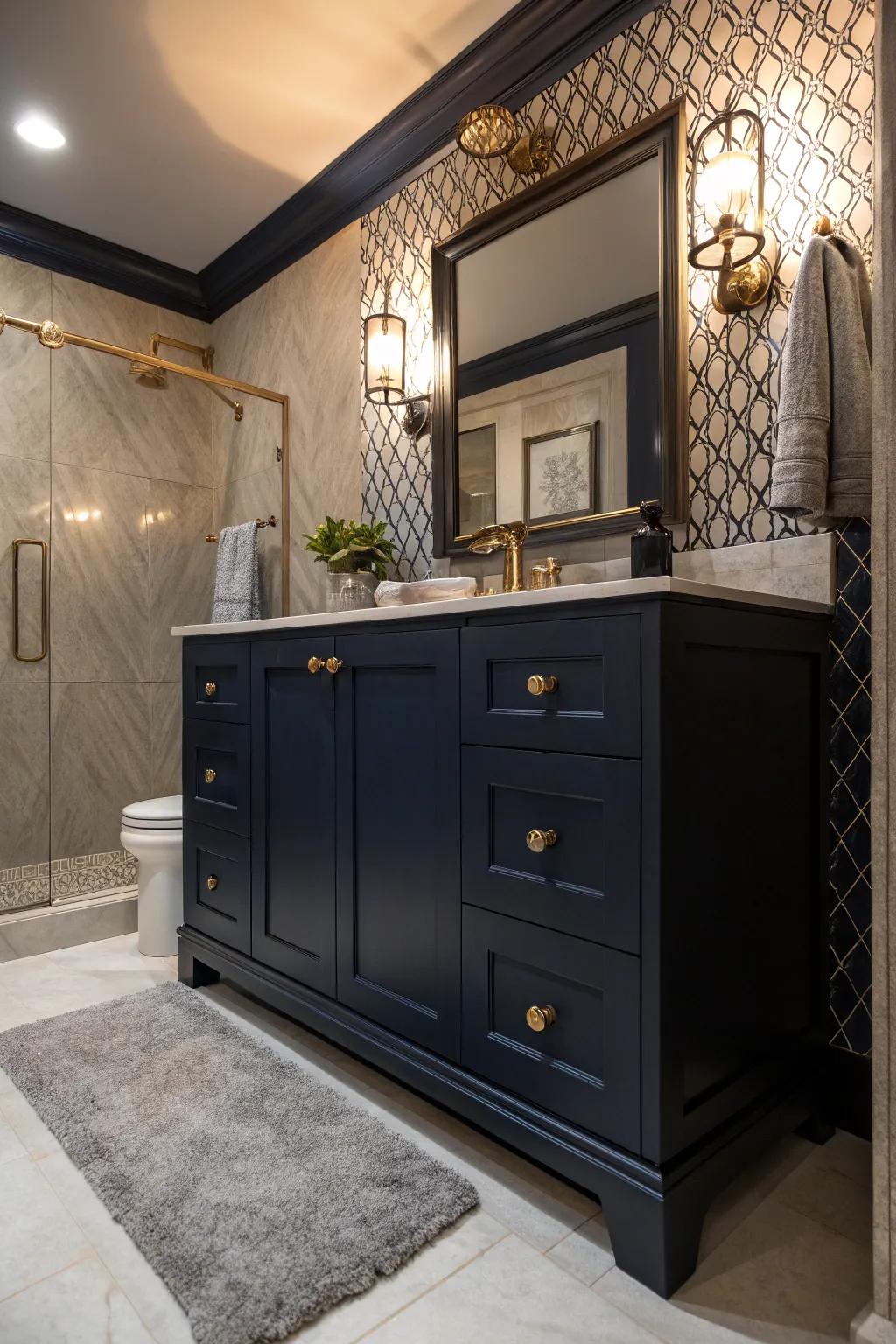 Deep navy and theatrical lighting fashion a lavish, moody ambiance.
