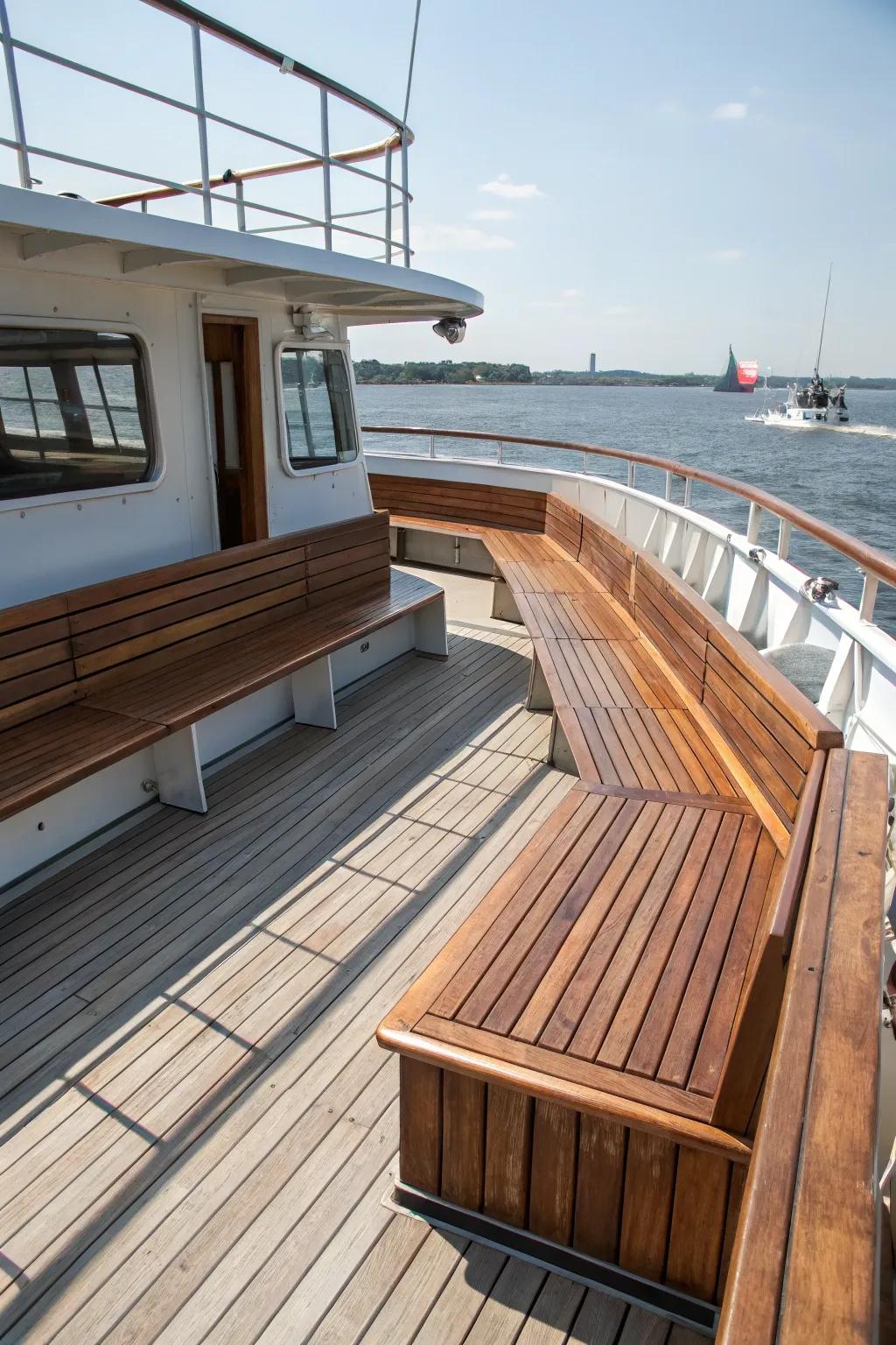Wraparound benches featuring storage on a boat deck.