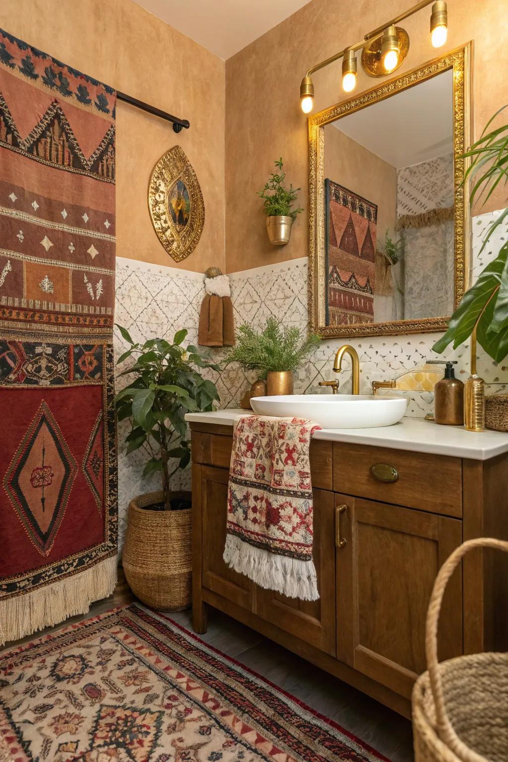 A boho bathroom using elegant bronze fittings.