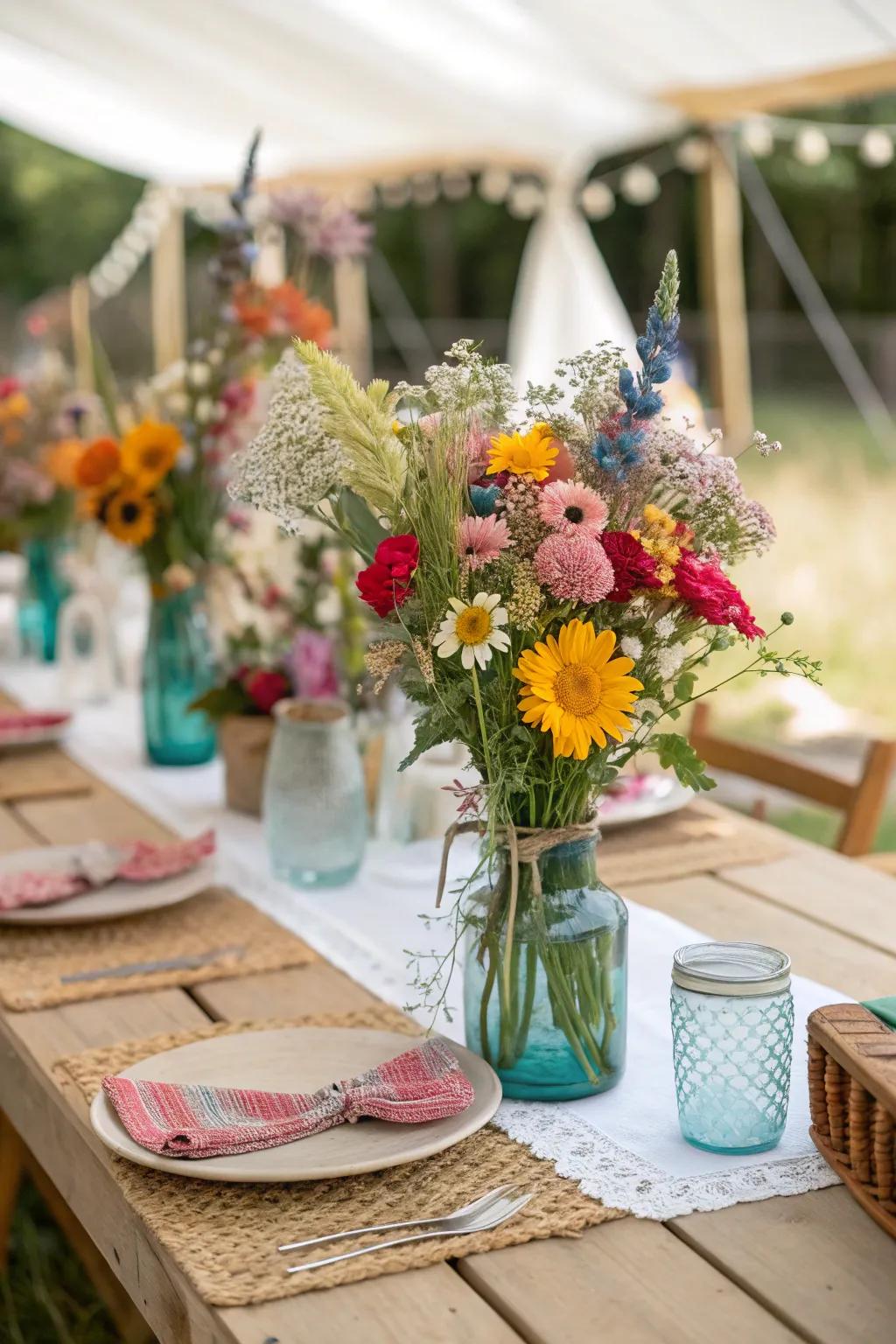 Untamed floral arrangements bring nature’s splendor to the table.