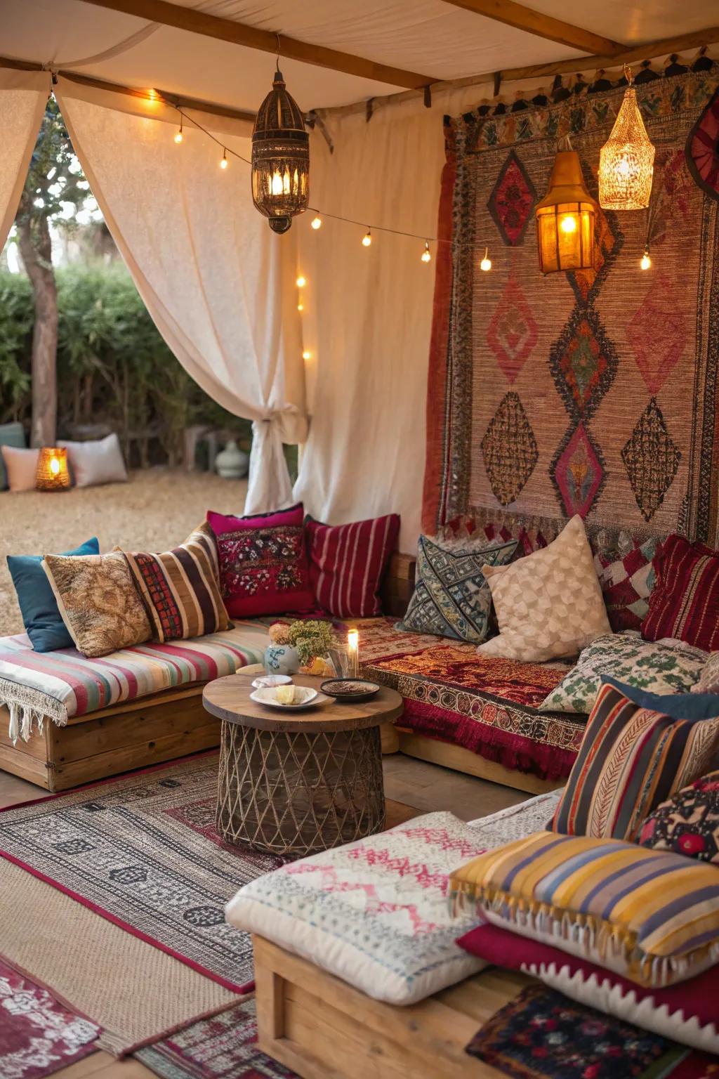 Eclectic textiles and colorful cushions create a cozy boho seating area.