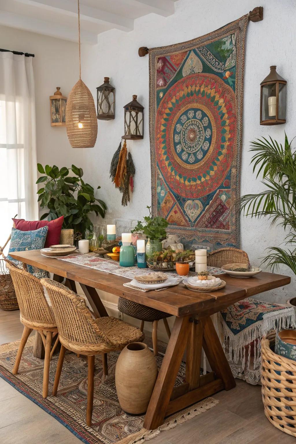 Worldwide inspirations creating a worldly mood inside a boho dining space.