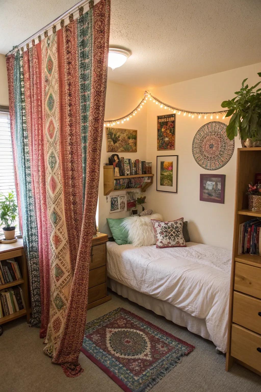 Boho window coverings soften the window space