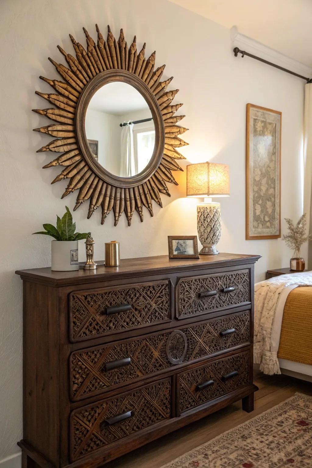 A sunburst mirror infuses this boho dresser with both elegance and light.