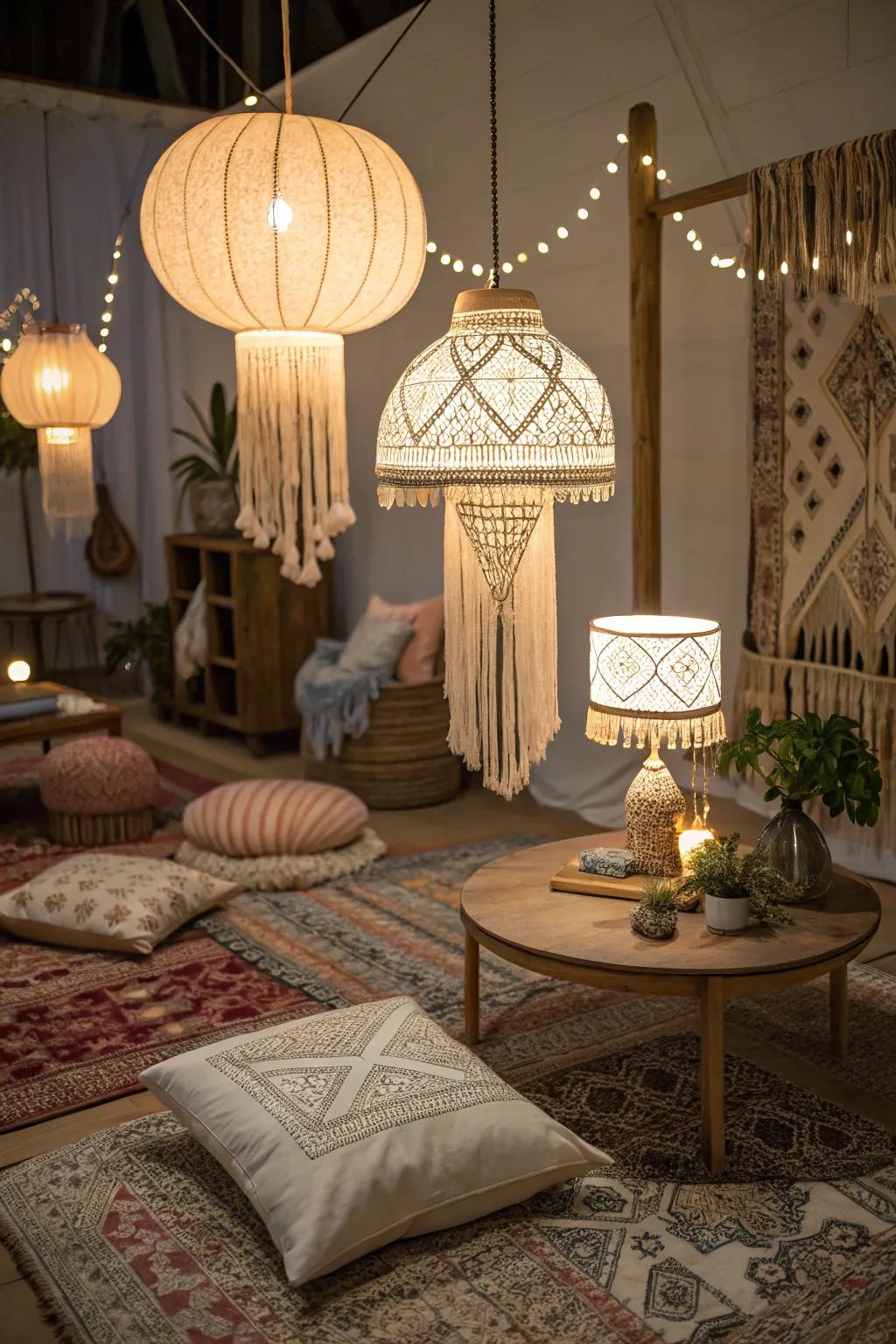 Layered illumination cultivates a snug and welcoming boho glam atmosphere.