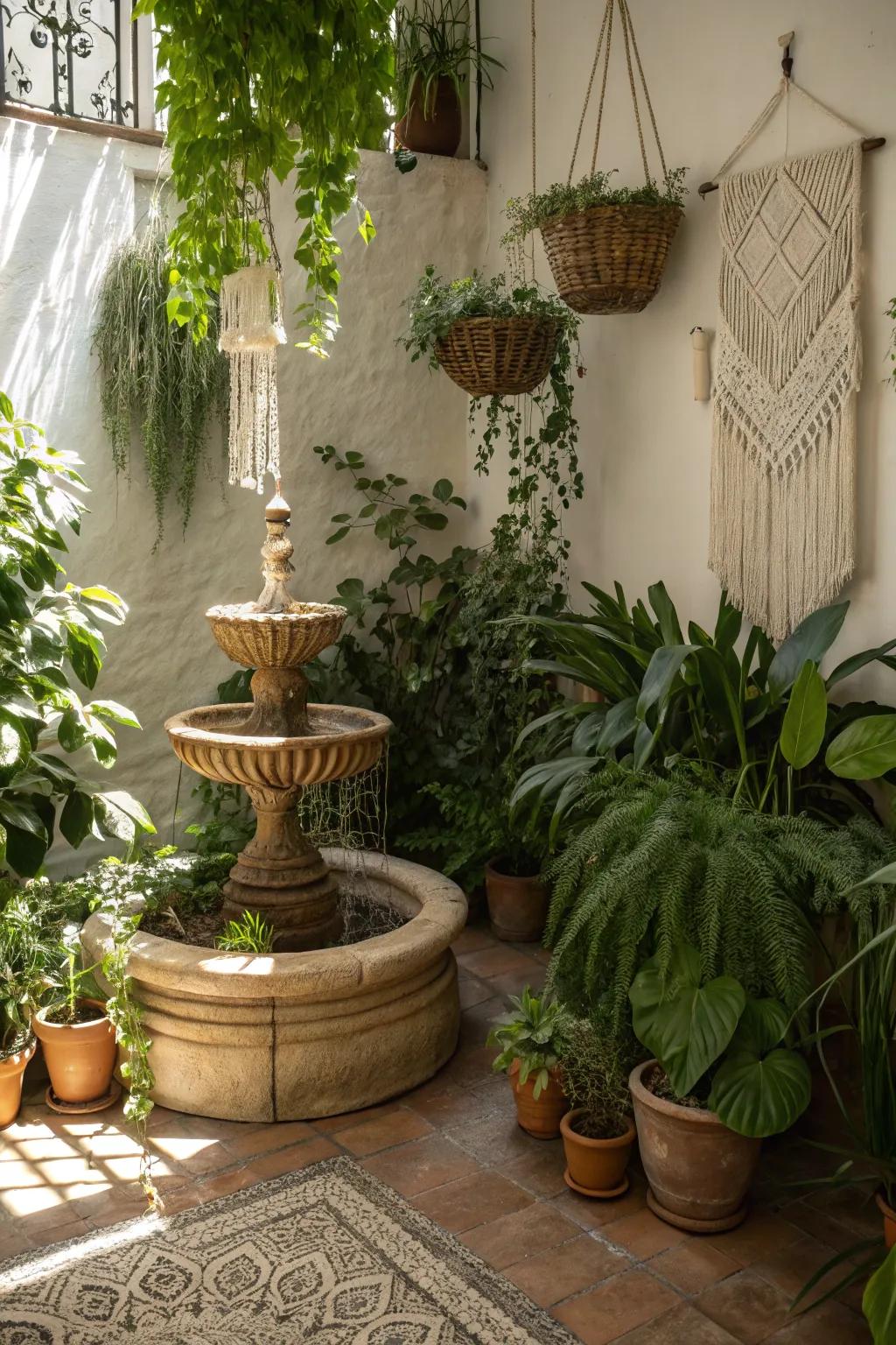 A water element introduces tranquility to the bohemian plant display.