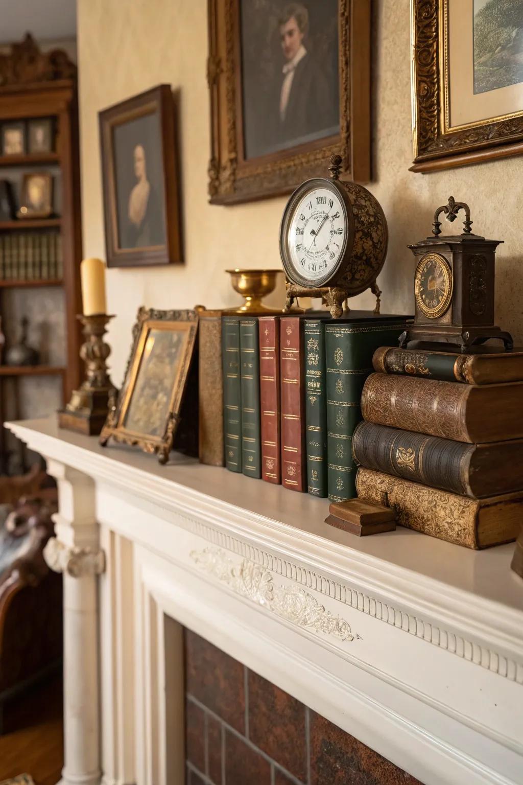 Vintage books bring charm and history to the mantel.
