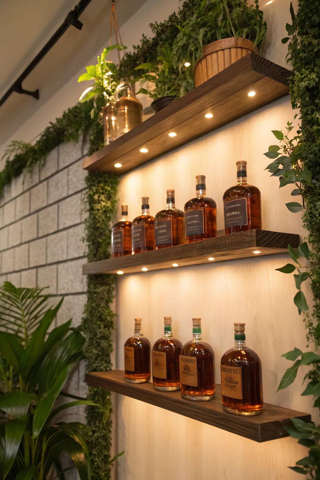 Floating ledges with plants construct a rejuvenated bourbon presentation.