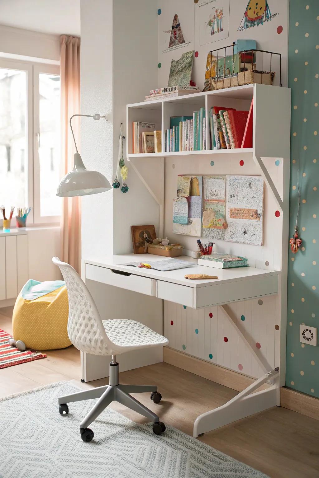 Wall-mounted desks provide a functional study area without taking up floor space.
