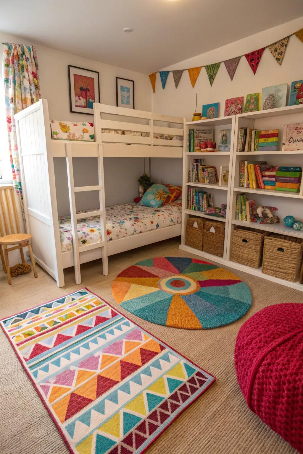 Rugs help delineate personal spaces in a shared area.