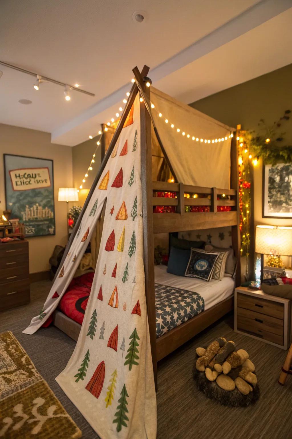 Enjoy the pleasures of camping with this campfire-themed bed.