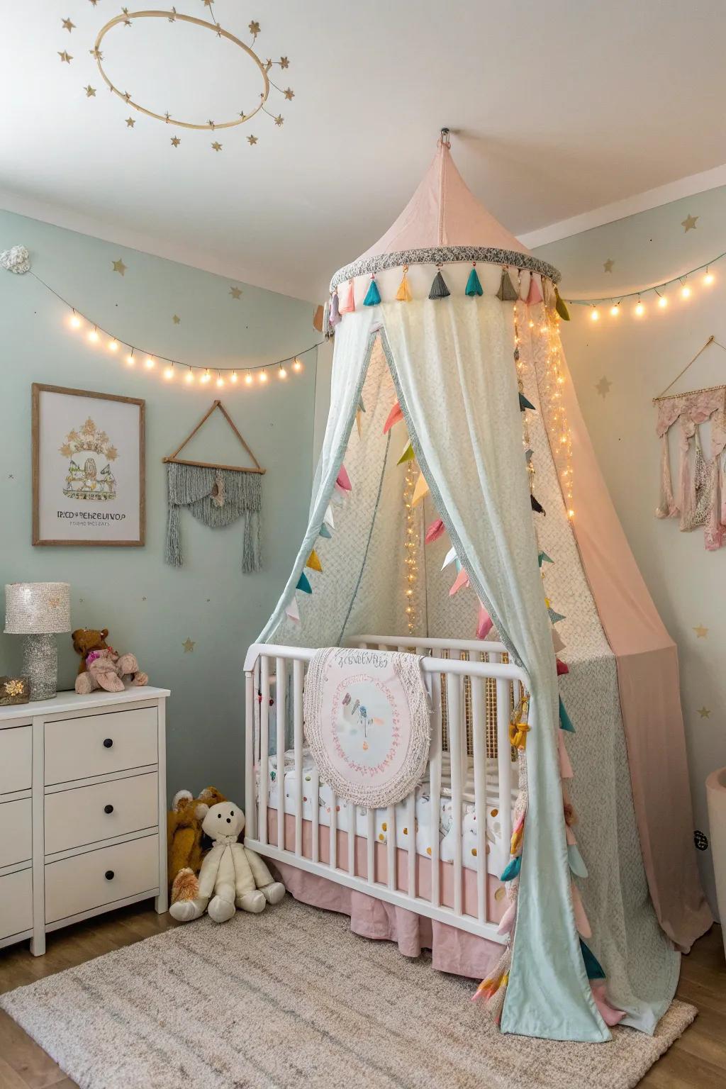 A decorative covering contributes a sense of whimsy and coziness to the crib.