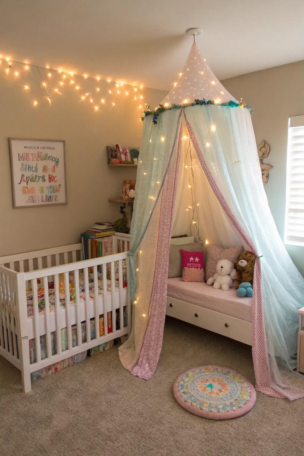 A canopy adds a touch of magic to the room.