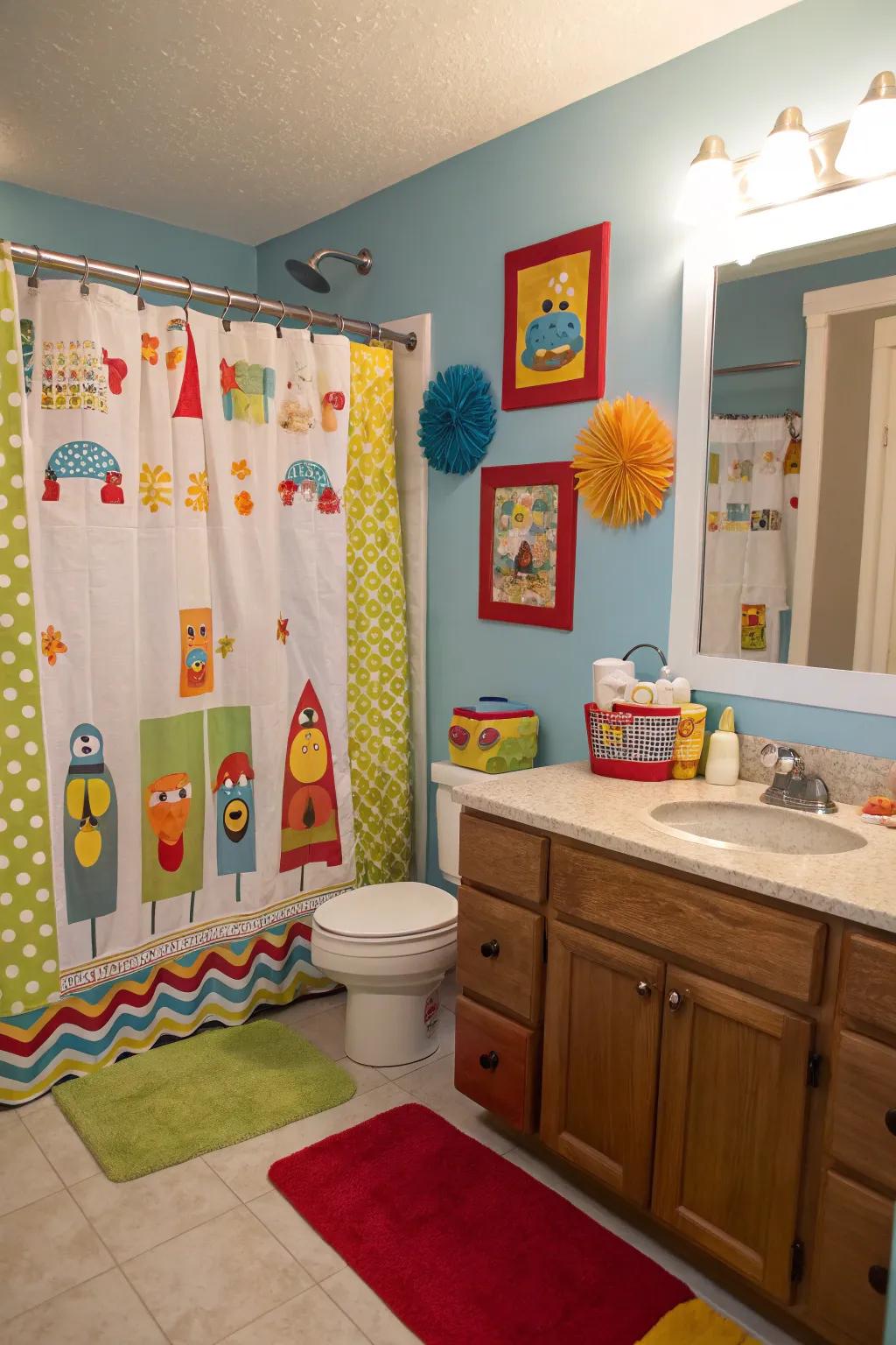 Playful bathroom curtains add fun to a boys' bathroom.