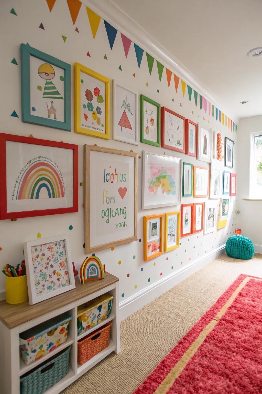 An artistic walls, showcasing the child's artwork with the purpose of inspiring creativity and pride.