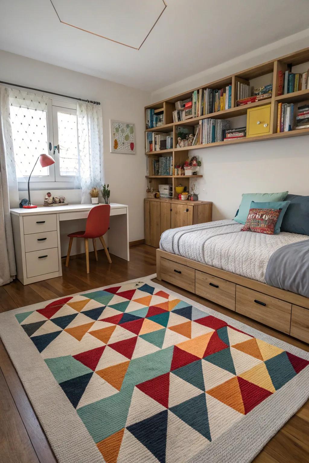Lively flooring enhances the room's visual appeal.