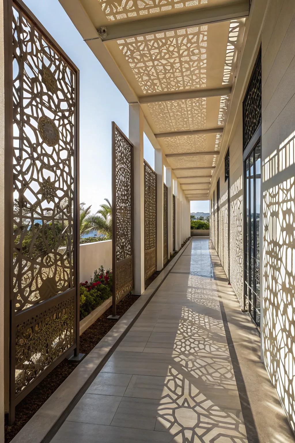 Beautiful screen panels offering privacy and elegance to the breezeway.