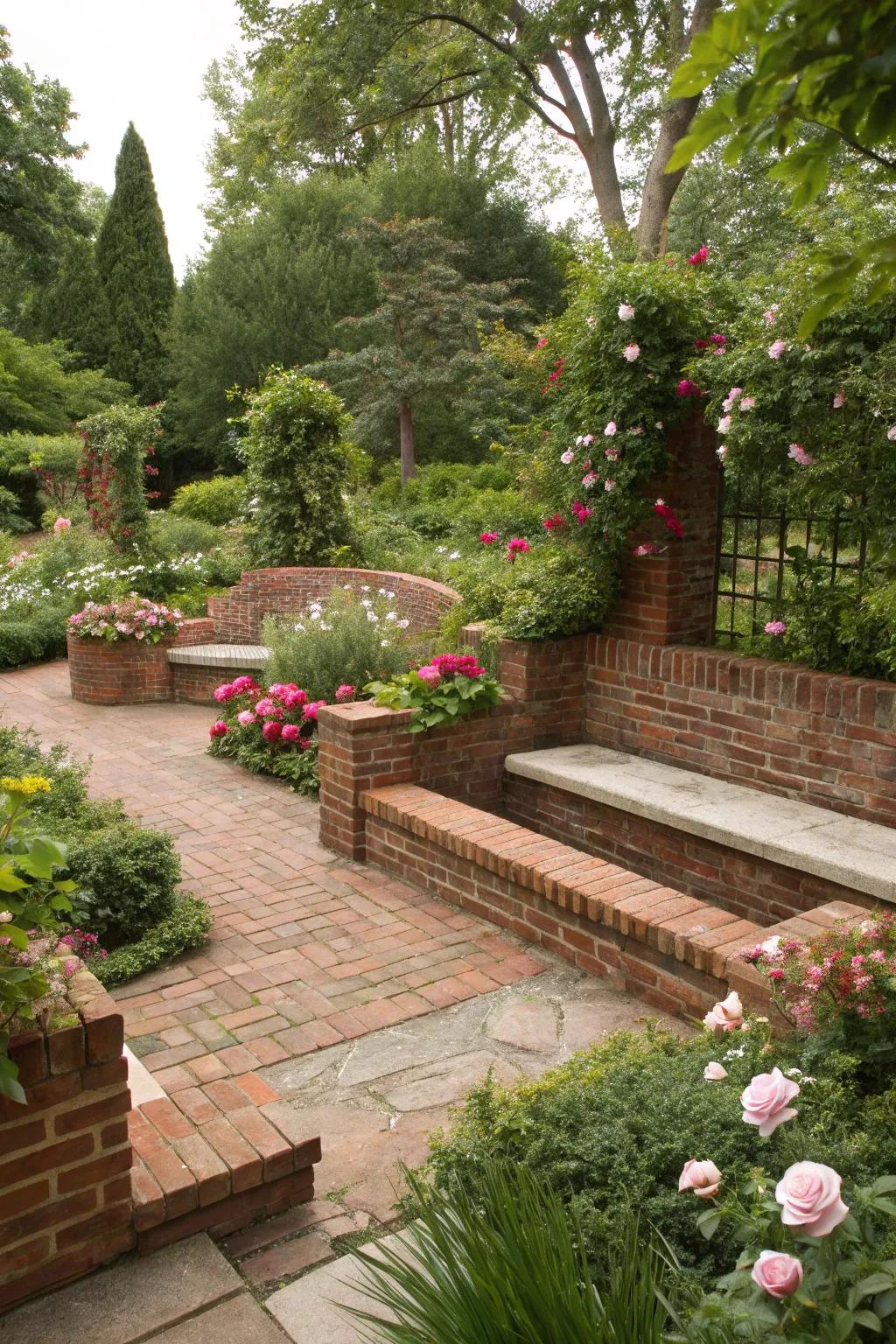 Integrated seating transforms flower beds into restful retreats.