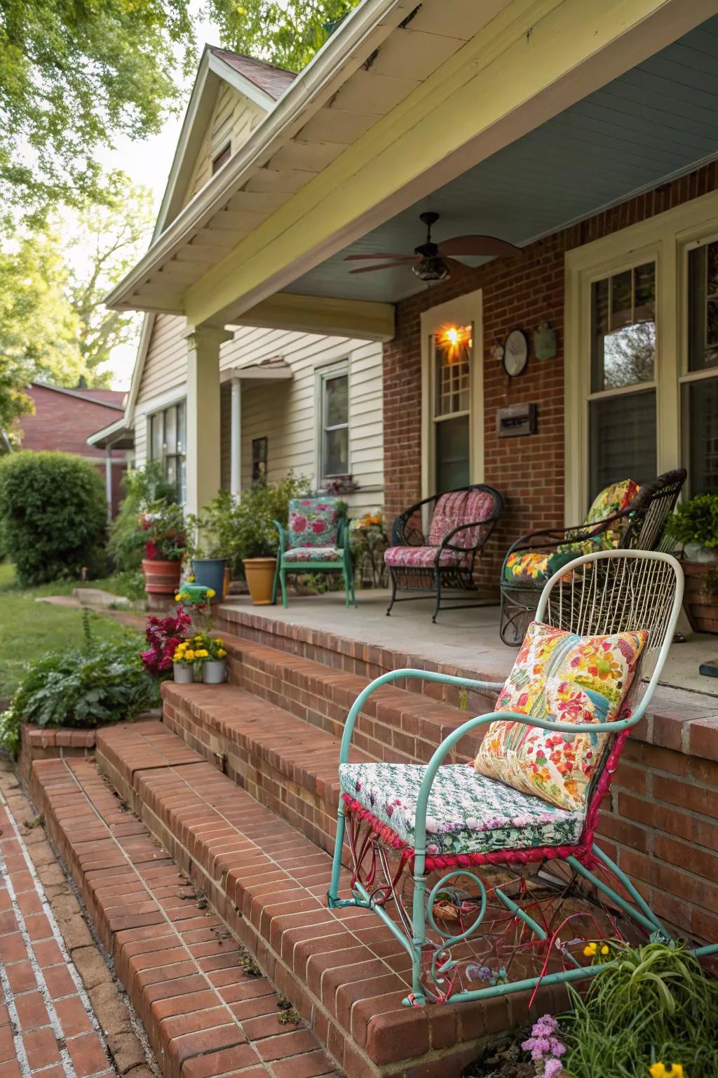 Eclectic furniture adds a quirky charm to this brick porch.