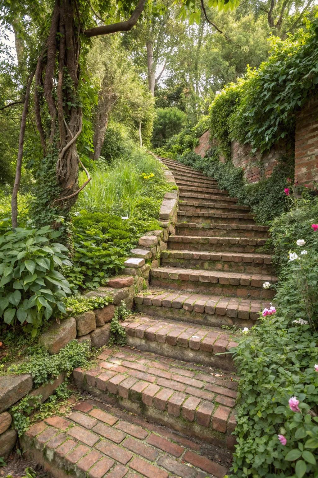 Brick steps enhanced with natural rock for sophistication.