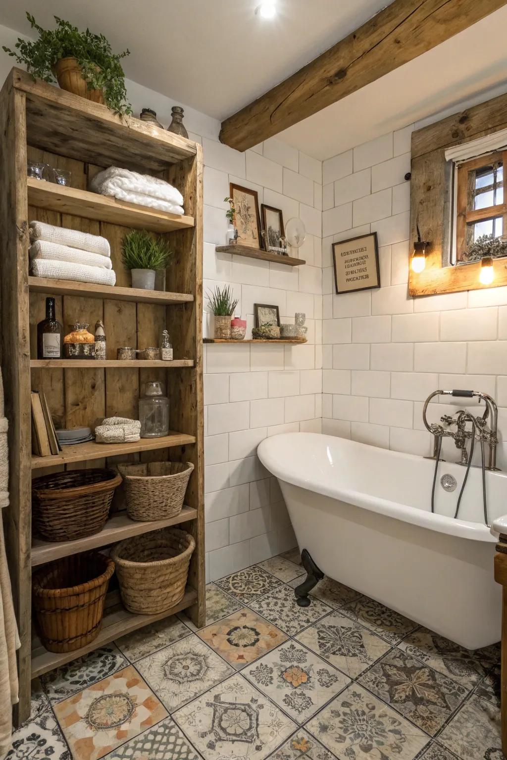 Repurposed materials add distinctive character to this small bathroom.
