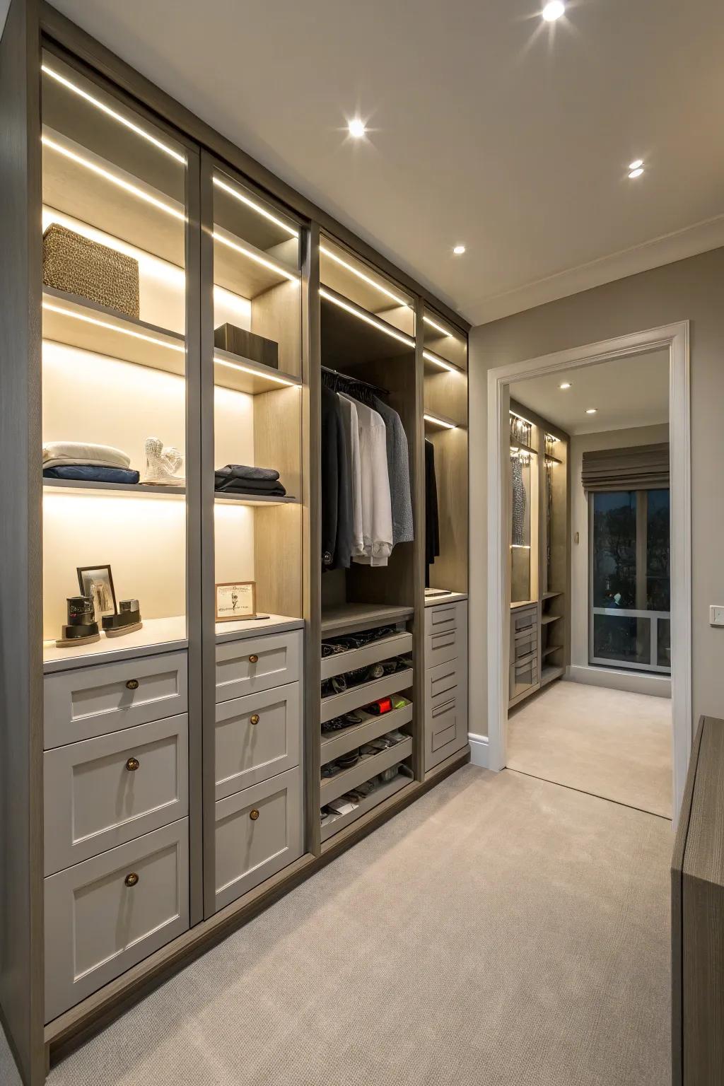 Surrounding closet layouts maximize space efficiently.