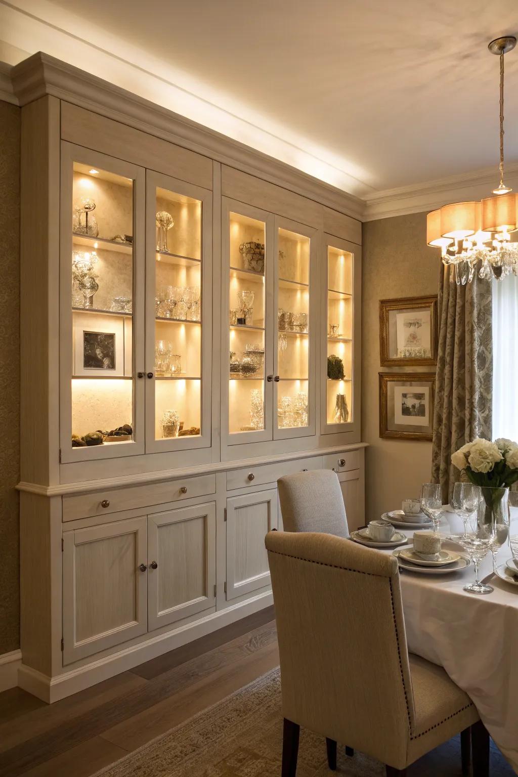 Warm ambiance created by integrated lighting within dining room cabinets.