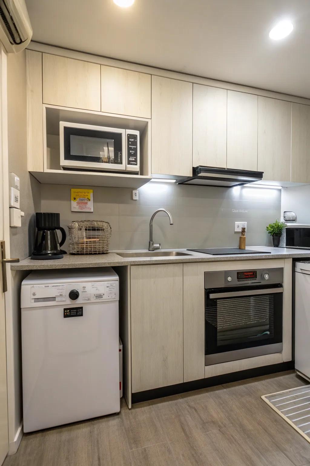 A space-conserving wave oven placement above the dishwashing machine.