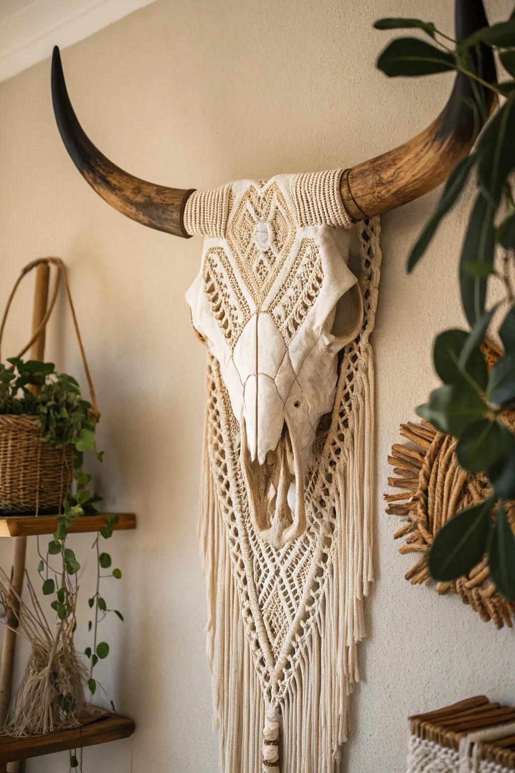 Creative feel with macramé and a cow skull.